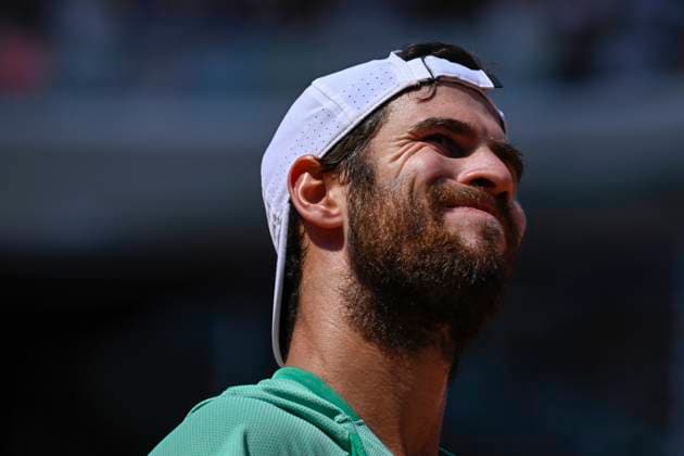 (230607) -- PARIS, June 7, 2023 -- Karen Khachanov reacts during the men s singles quarterfinal match between Novak Djokovic of Serbia and Karen Khachanov of Russia at the French Open tennis tournament at Roland Garros in Paris, France, on June 6, 2023. (Photo by Xinhua) (SP)FRANCE-PARIS-TENNIS-ROLAND GARROS-FRENCH OPEN-MEN S SINGLES JulienxMattia 