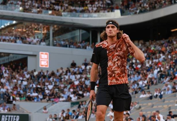 (230607) -- PARIS, June 7, 2023 -- Stefanos Tsitsipas reacts during the men s singles quarterfinal match between Carlos Alcaraz of Spain and Stefanos Tsitsipas of Greece at the French Open tennis tournament at Roland Garros in Paris, France, on June 6, 2023. ) (SP)FRANCE-PARIS-TENNIS-ROLAND GARROS-FRENCH OPEN-MEN S SINGLES GaoxJing 