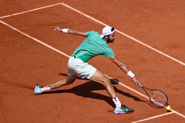 (230607) -- PARIS, June 7, 2023 -- Karen Khachanov competes during the men s singles quarterfinal match between Novak Djokovic of Serbia and Karen Khachanov of Russia at the French Open tennis tournament at Roland Garros in Paris, France, on June 6, 2023. (Photo by Xinhua) (SP)FRANCE-PARIS-TENNIS-ROLAND GARROS-FRENCH OPEN-MEN S SINGLES JulienxMattia 
