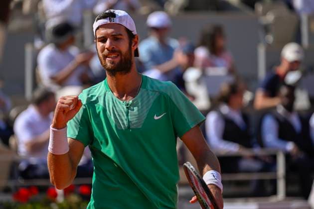 (230607) -- PARIS, June 7, 2023 -- Karen Khachanov reacts during the men s singles quarterfinal match between Novak Djokovic of Serbia and Karen Khachanov of Russia at the French Open tennis tournament at Roland Garros in Paris, France, on June 6, 2023. (Photo by Xinhua) (SP)FRANCE-PARIS-TENNIS-ROLAND GARROS-FRENCH OPEN-MEN S SINGLES JulienxMattia 
