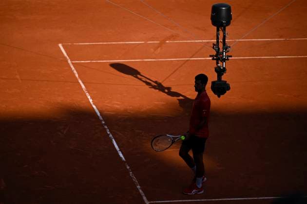 French Open Day 10 Novak Djokovic with a TV television spidercam (Spider cam camera) during the French Open, Grand Slam tennis tournament on June 6, 2023 at Roland Garros stadium in Paris, France. Photo by Victor Joly ABACAPRESS.COM Paris France  Copyright: xJolyxVictor ABACAx 856029_076 JolyxVictor ABACAx 856029_076