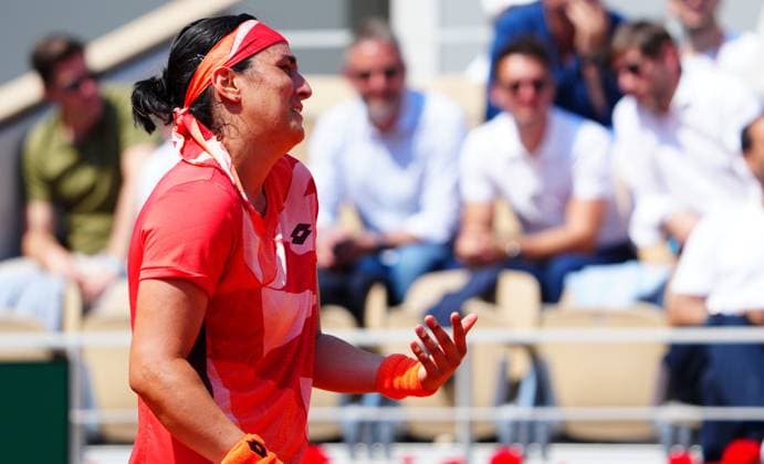 Mandatory Credit: Photo by Javier Garcia Shutterstock (13949271v) Ons Jabeur reacts French Open Tennis, Day 11, Roland Garros, Paris, France - 07 June 2023 French Open Tennis, Day 11, Roland Garros, Paris, France - 07 June 2023  Copyright: xJavierxGarcia Shutterstockx 13949271v