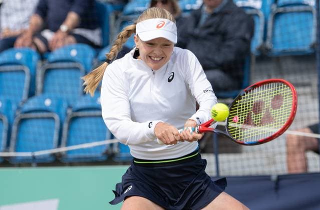 Harriet Dart (GBR) playing her match against Magali KEMPEN (BEL) during the first round of the W100 Surbiton Trophy 2023 during the 3rd day of the 2023 at Surbiton Lawn Tennis Club, Surbiton, England on the 7th June 2023. Copyright: xAlanxStanfordx PMI-5582-0018