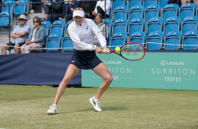 Harriet Dart (GBR) playing her match against Magali KEMPEN (BEL) during the first round of the W100 Surbiton Trophy 2023 during the 3rd day of the 2023 at Surbiton Lawn Tennis Club, Surbiton, England on the 7th June 2023. Copyright: xAlanxStanfordx PMI-5582-0026