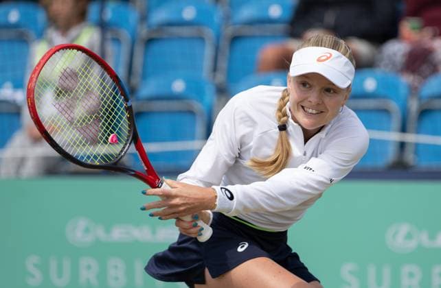 Harriet Dart (GBR) playing her match against Magali KEMPEN (BEL) during the first round of the W100 Surbiton Trophy 2023 during the 3rd day of the 2023 at Surbiton Lawn Tennis Club, Surbiton, England on the 7th June 2023. Copyright: xAlanxStanfordx PMI-5582-0052