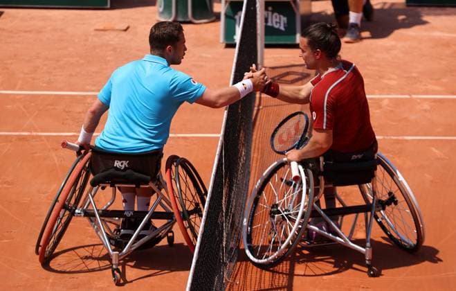 Mandatory Credit: Photo by Ella Ling Shutterstock (13949270f) Alfie Hewett of GBR shakes hands with Gordon Reid of GBR French Open Tennis, Day 11, Roland Garros, Paris, France - 07 June 2023 French Open Tennis, Day 11, Roland Garros, Paris, France - 07 June 2023  Copyright: xEllaxLing Shutterstockx 13949270f