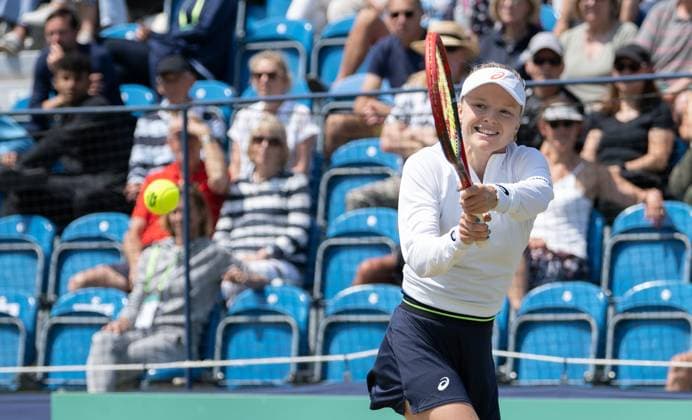 Harriet Dart (GBR) playing her match against Magali KEMPEN (BEL) during the first round of the W100 Surbiton Trophy 2023 during the 3rd day of the 2023 at Surbiton Lawn Tennis Club, Surbiton, England on the 7th June 2023. Copyright: xAlanxStanfordx PMI-5582-0076