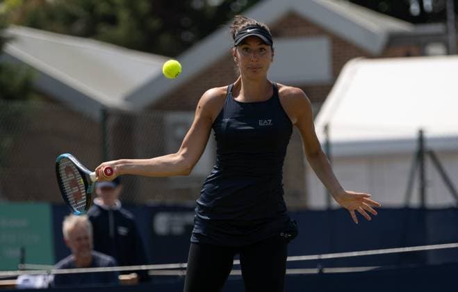 Oceane Dodin (FRA) playing her match against Maia Lumsden (GBR) during the first round of the W100 Surbiton Trophy 2023 during the 3rd day of the 2023 at Surbiton Lawn Tennis Club, Surbiton, England on the 7th June 2023. Copyright: xAlanxStanfordx PMI-5582-0091