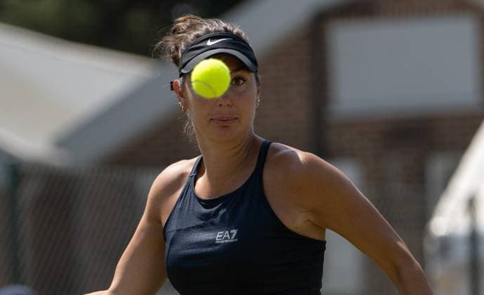 Oceane Dodin (FRA) playing her match against Maia Lumsden (GBR) during the first round of the W100 Surbiton Trophy 2023 during the 3rd day of the 2023 at Surbiton Lawn Tennis Club, Surbiton, England on the 7th June 2023. Copyright: xAlanxStanfordx PMI-5582-0093