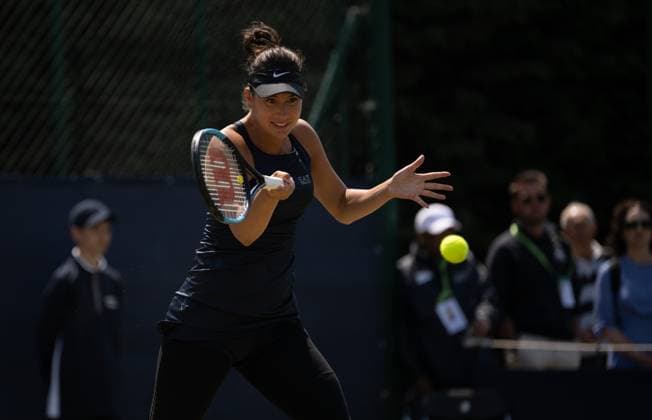 Oceane Dodin (FRA) playing her match against Maia Lumsden (GBR) during the first round of the W100 Surbiton Trophy 2023 during the 3rd day of the 2023 at Surbiton Lawn Tennis Club, Surbiton, England on the 7th June 2023. Copyright: xAlanxStanfordx PMI-5582-0096