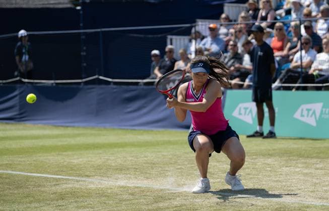 Yuriko Lily Miyazaki (GBR) playing against Jodie Anna Burrage (GBR) during the first round of the W100 Surbiton Trophy 2023 during the 3rd day of the 2023 at Surbiton Lawn Tennis Club, Surbiton, England on the 7th June 2023. Copyright: xAlanxStanfordx PMI-5582-0123