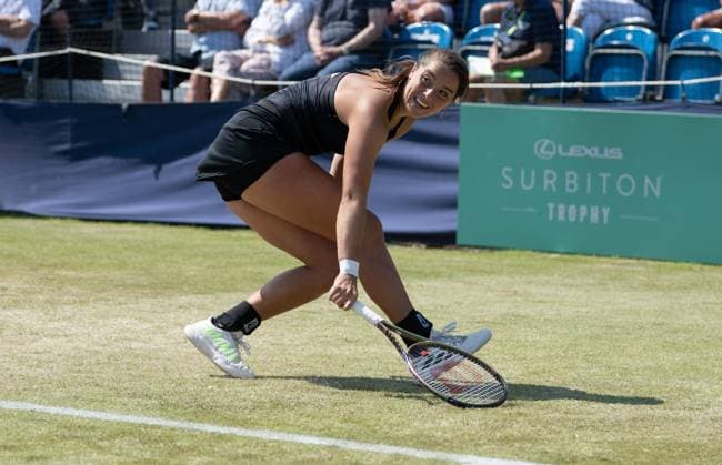 Jodie Anna Burrage (GBR) playing against Yuriko Lily Miyazaki (GBR) during the first round of the W100 Surbiton Trophy 2023 during the 3rd day of the 2023 at Surbiton Lawn Tennis Club, Surbiton, England on the 7th June 2023. Copyright: xAlanxStanfordx PMI-5582-0127