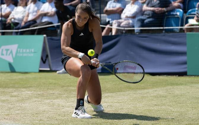 Jodie Anna Burrage (GBR) playing against Yuriko Lily Miyazaki (GBR) during the first round of the W100 Surbiton Trophy 2023 during the 3rd day of the 2023 at Surbiton Lawn Tennis Club, Surbiton, England on the 7th June 2023. Copyright: xAlanxStanfordx PMI-5582-0131