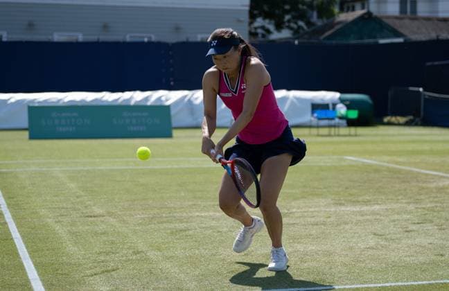 Yuriko Lily Miyazaki (GBR) playing against Jodie Anna Burrage (GBR) during the first round of the W100 Surbiton Trophy 2023 during the 3rd day of the 2023 at Surbiton Lawn Tennis Club, Surbiton, England on the 7th June 2023. Copyright: xAlanxStanfordx PMI-5582-0154