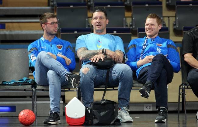 Coach Jaron Siewert, Sports Director Stefan Kretzschmar, Co Coach Max Rinderle Sport Handball HBL Bundesliga Men 33 Matchday Season 2022 2023 07 06 2023 Füchse Berlin vs Handball Sport Verein HSV Hamburg