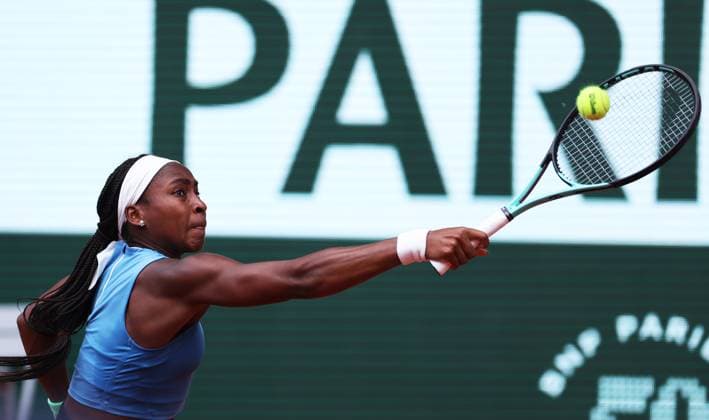 (230608) -- PARIS, June 8, 2023 -- Coco Gauff of the United States competes during the women s singles quarterfinal match between Iga Swiatek of Poland and Coco Gauff of the United States at the French Open tennis tournament at Roland Garros in Paris, France, on June 7, 2023. ) (SP)FRANCE-PARIS-TENNIS-ROLAND GARROS-FRENCH OPEN-WOMEN S SINGLES GaoxJing 