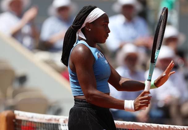(230608) -- PARIS, June 8, 2023 -- Coco Gauff of the United States reacts during the women s singles quarterfinal match between Iga Swiatek of Poland and Coco Gauff of the United States at the French Open tennis tournament at Roland Garros in Paris, France, on June 7, 2023. ) (SP)FRANCE-PARIS-TENNIS-ROLAND GARROS-FRENCH OPEN-WOMEN S SINGLES GaoxJing 
