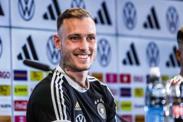 Sports, football, national team season 2022 2023 DFB press conference 08 06 2023, DFB Campus David room Germany RB Leipzig laughs Frankfurt am Main DFB Campus Hesse Germany