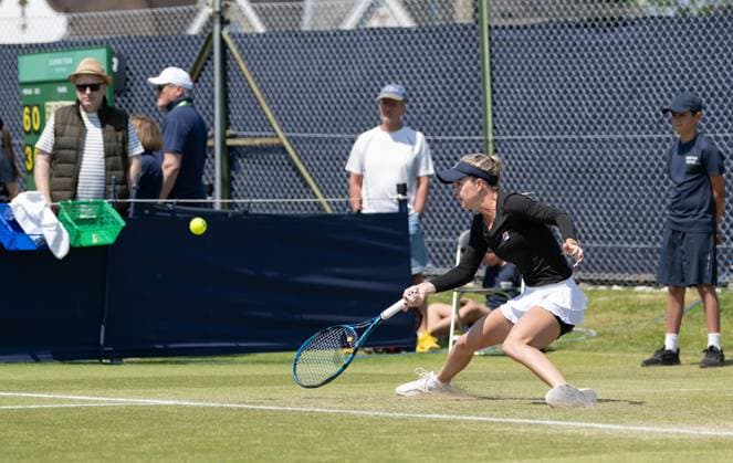 Elizabeth Mandlik (USA) playing Yanina Wyckmayer (BEL) during round two of the W100 Surbiton Trophy on day 4 of the Surbiton Trophy at Surbiton Lawn Tennis Club, Surbiton, England on the 8th June 2023. Copyright: xAlanxStanfordx PMI-5583-0052