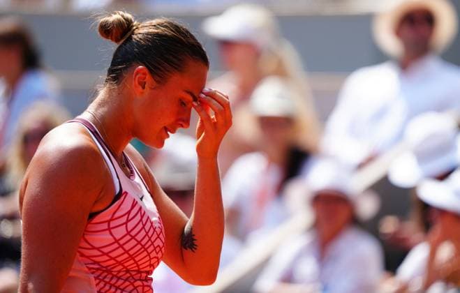 Mandatory Credit: Photo by Javier Garcia Shutterstock (13949272u) Aryna Sabalenka reacts French Open Tennis, Day 12, Roland Garros, Paris, France - 08 June 2023 French Open Tennis, Day 12, Roland Garros, Paris, France - 08 June 2023  Copyright: xJavierxGarcia Shutterstockx 13949272u