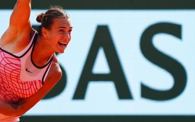 Mandatory Credit: Photo by Javier Garcia Shutterstock (13949272z) Aryna Sabalenka serves with her initials on the LED behind her during her semi final French Open Tennis, Day 12, Roland Garros, Paris, France - 08 June 2023 French Open Tennis, Day 12, Roland Garros, Paris, France - 08 June 2023  Copyright: xJavierxGarcia Shutterstockx 13949272z