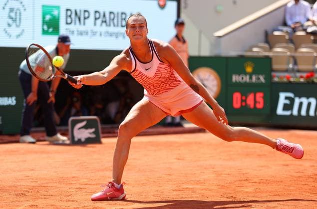 Mandatory Credit: Photo by Ella Ling Shutterstock (13949274am) Aryna Sabalenka of Belarus in action French Open Tennis, Day 12, Roland Garros, Paris, France - 08 June 2023 French Open Tennis, Day 12, Roland Garros, Paris, France - 08 June 2023  Copyright: xEllaxLing Shutterstockx 13949274am