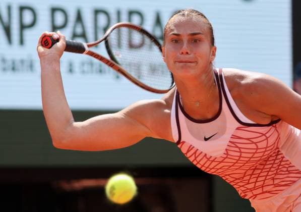 Aryna Sabalenka of Belarus plays against Karolina Muchova of the Czech Republic at the Roland Garros French Tennis Open in Paris, France, on Thursday, June 8, 2023. Muchova won 7-6, 6-7, 7-5 and qualified for the final.  PAR20230608108 MAYAxVIDON-WHITE