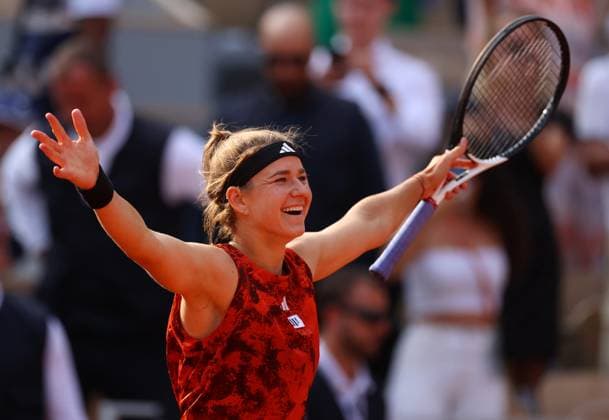 Mandatory Credit: Photo by Ella Ling Shutterstock (13949274cg) Karolina Muchova of Czech Republic celebrates French Open Tennis, Day 12, Roland Garros, Paris, France - 08 June 2023 French Open Tennis, Day 12, Roland Garros, Paris, France - 08 June 2023  Copyright: xEllaxLing Shutterstockx 13949274cg