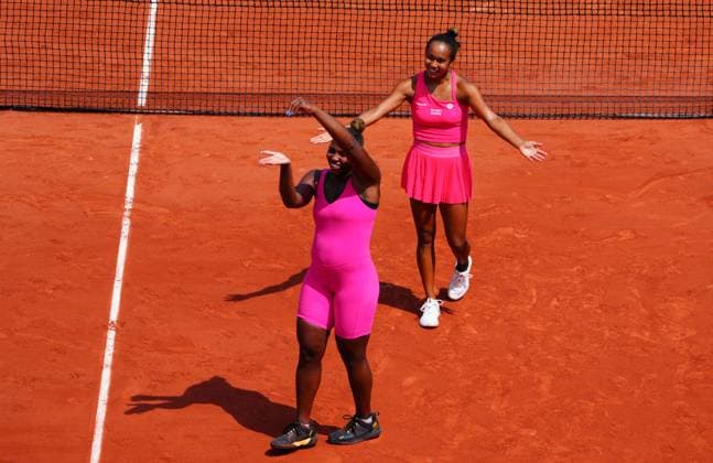 Mandatory Credit: Photo by Javier Garcia Shutterstock (13949278h) Taylor Townsend and Leylah Fernandez celebrate reaching the Ladies Doubles Final French Open Tennis, Day 13, Roland Garros, Paris, France - 09 June 2023 French Open Tennis, Day 13, Roland Garros, Paris, France - 09 June 2023  Copyright: xJavierxGarcia Shutterstockx 13949278h