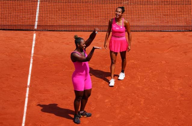 Mandatory Credit: Photo by Javier Garcia Shutterstock (13949278c) Taylor Townsend and Leylah Fernandez celebrate reaching the Ladies Doubles Final French Open Tennis, Day 13, Roland Garros, Paris, France - 09 June 2023 French Open Tennis, Day 13, Roland Garros, Paris, France - 09 June 2023  Copyright: xJavierxGarcia Shutterstockx 13949278c