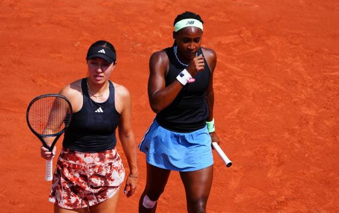 Mandatory Credit: Photo by Javier Garcia Shutterstock (13949278m) Jessica Pegula and Coco Gauff in doubles semi final action French Open Tennis, Day 13, Roland Garros, Paris, France - 09 June 2023 French Open Tennis, Day 13, Roland Garros, Paris, France - 09 June 2023  Copyright: xJavierxGarcia Shutterstockx 13949278m