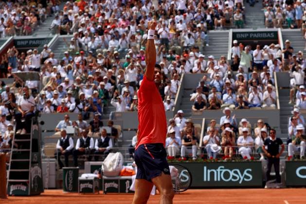 Mandatory Credit: Photo by Ella Ling Shutterstock (13949275ah) Novak Djokovic of Serbia celebrates French Open Tennis, Day 13, Roland Garros, Paris, France - 09 June 2023 French Open Tennis, Day 13, Roland Garros, Paris, France - 09 June 2023  Copyright: xEllaxLing Shutterstockx 13949275ah