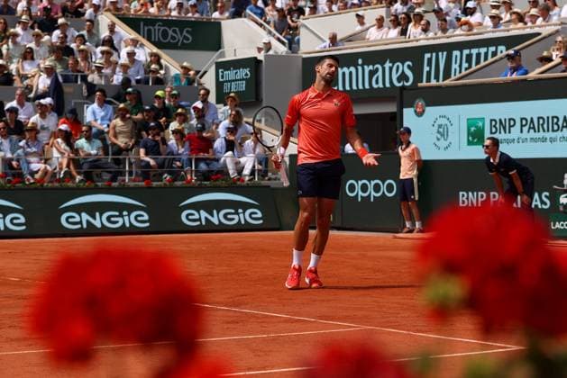 Mandatory Credit: Photo by Ella Ling Shutterstock (13949275ae) Novak Djokovic of Serbia frustrated French Open Tennis, Day 13, Roland Garros, Paris, France - 09 June 2023 French Open Tennis, Day 13, Roland Garros, Paris, France - 09 June 2023  Copyright: xEllaxLing Shutterstockx 13949275ae