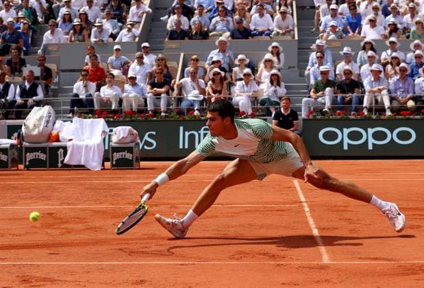 Mandatory Credit: Photo by Ella Ling Shutterstock (13949275t) Carlos Alcaraz of Spain in action French Open Tennis, Day 13, Roland Garros, Paris, France - 09 June 2023 French Open Tennis, Day 13, Roland Garros, Paris, France - 09 June 2023  Copyright: xEllaxLing Shutterstockx 13949275t