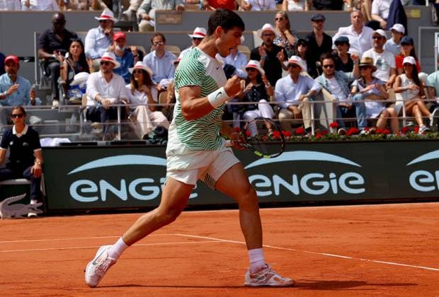 Mandatory Credit: Photo by Ella Ling Shutterstock (13949275x) Carlos Alcaraz of Spain celebrates French Open Tennis, Day 13, Roland Garros, Paris, France - 09 June 2023 French Open Tennis, Day 13, Roland Garros, Paris, France - 09 June 2023  Copyright: xEllaxLing Shutterstockx 13949275x