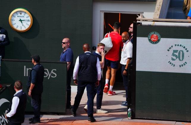 Mandatory Credit: Photo by Javier Garcia Shutterstock (13949278r) Novak Djokovic walks off court at 5.14 pm after losing the second set French Open Tennis, Day 13, Roland Garros, Paris, France - 09 June 2023 French Open Tennis, Day 13, Roland Garros, Paris, France - 09 June 2023  Copyright: xJavierxGarcia Shutterstockx 13949278r