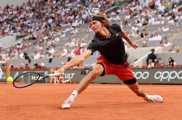Alexander Zverev of Germany plays against fourth-seeded Casper Ruud of Norway at the French Tennis Open in Paris, France, on Friday, June 9, 2023. Ruud won 6-3, 6-4, 6-0 and qualified for the finals.  PAR20230609134 MAYAxVIDON-WHITE
