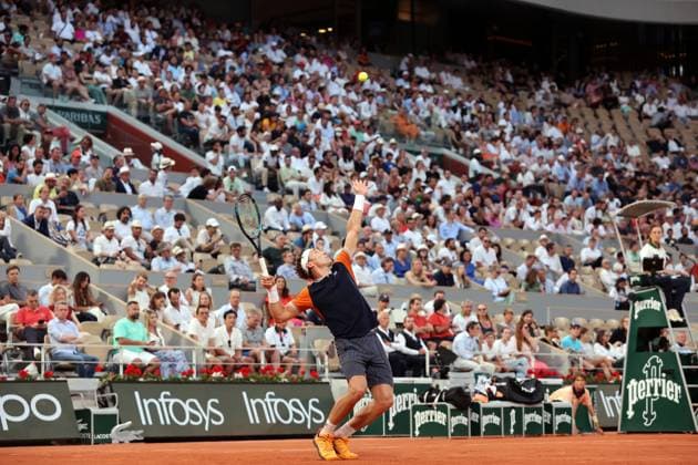 Fourth-seeded Casper Ruud of Norway plays against Alexander Zverev of Germany at the French Tennis Open in Paris, France, on Friday, June 9, 2023. Ruud won 6-3, 6-4, 6-0 and qualified for the finals.  PAR20230609145 MAYAxVIDON-WHITE