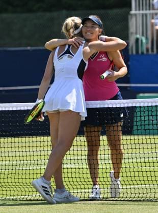Katie Swan (GBR) (left) celebrates her win against Yuriko Lily Miyazaki (GBR) in the semi finals of the W100 Surbiton Trophy during day 6 of the Surbiton Trophy, at Surbiton Lawn Tennis Club, Surbiton, England on the 10th June 2023. Copyright: xAlanxStanfordx PMI-5587-0006