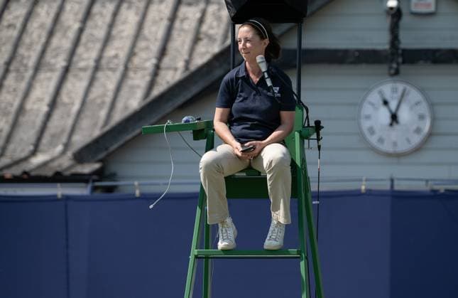 Umpire Fiona Edwards overseeing the match between Katie Swan (GBR) and Yuriko Lily Miyazaki (GBR) in the semi finals of the W100 Surbiton Trophy during day 6 of the Surbiton Trophy, at Surbiton Lawn Tennis Club, Surbiton, England on the 10th June 2023. Copyright: xAlanxStanfordx PMI-5587-0010