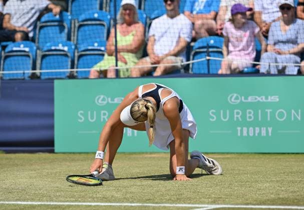 Katie Swan (GBR) slips over while playing Yuriko Lily Miyazaki (GBR) in the semi finals of the W100 Surbiton Trophy during day 6 of the Surbiton Trophy, at Surbiton Lawn Tennis Club, Surbiton, England on the 10th June 2023. Copyright: xAlanxStanfordx PMI-5587-0067