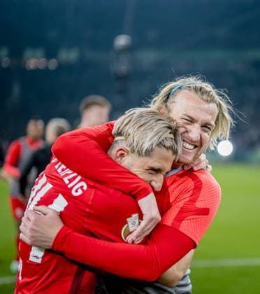 Leipzigs Emil Forsberg and Kevin Kampl cheer after the match DFB Pokalfinale 2023 Eintracht Frankfurt RB Leipzig 0 2 3 June 2023 Olympiastadion, Berlin SG Eintracht Frankfurt RB Leipzig 0 2