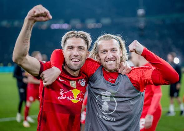 Leipzigs Kevin Kampl and Emil Forsberg cheer after the match DFB Pokalfinale 2023 Eintracht Frankfurt RB Leipzig 0 2 3 June 2023 Olympiastadion, Berlin SG Eintracht Frankfurt RB Leipzig 0 2