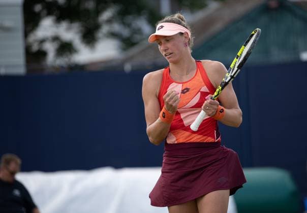 Yanina Wickmayer (BEL) celebrates after defeating Katie Boulter (GBR) in the semi finals of the W100 Surbiton Trophy during day 6 of the Surbiton Trophy, at Surbiton Lawn Tennis Club, Surbiton, England on the 10th June 2023. Copyright: xAlanxStanfordx PMI-5587-0137