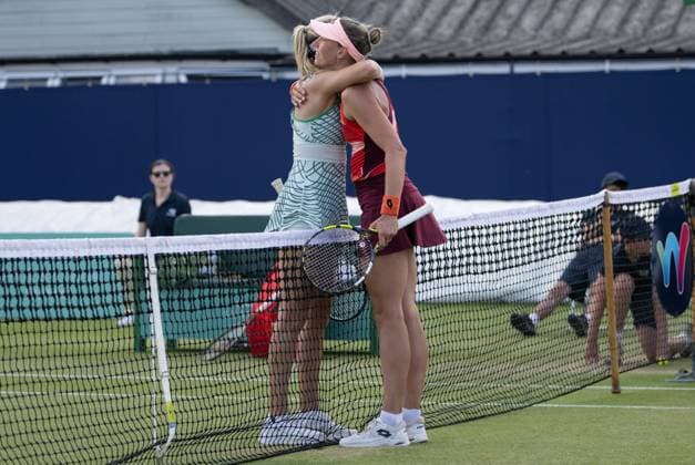 Yanina Wickmayer (BEL) (Right) with Katie Boulter (GBR) after wining in straight sets in the semi finals of the W100 Surbiton Trophy during day 6 of the Surbiton Trophy, at Surbiton Lawn Tennis Club, Surbiton, England on the 10th June 2023. Copyright: xAlanxStanfordx PMI-5587-0138