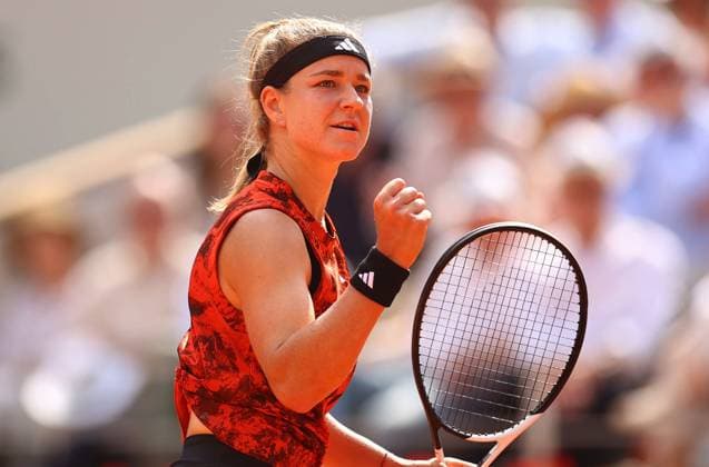 Mandatory Credit: Photo by Ella Ling Shutterstock (13949287bt) Karolina Muchova of Czech Republic celebrates French Open Tennis, Day 14, Roland Garros, Paris, France - 10 June 2023 French Open Tennis, Day 14, Roland Garros, Paris, France - 10 June 2023  Copyright: xEllaxLing Shutterstockx 13949287bt