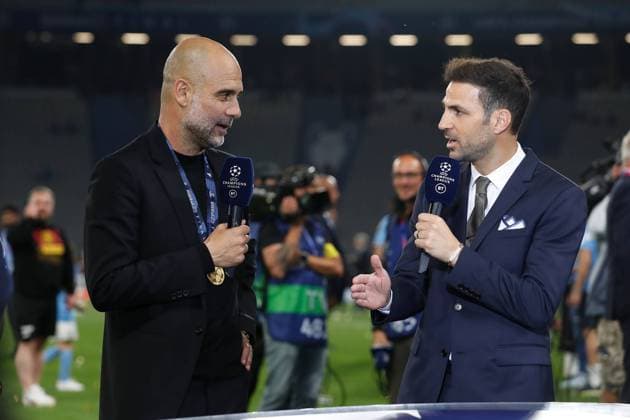 (L-R) Josep Guardiola (ManC), Cesc Fabregas, JUNE 10, 2023 - Football Soccer : Guardiola being interviewed by Cesc after winning UEFA Champions League final 2023 Istanbul match between Manchester City FC 1-0 FC Internazionale Milano at the Ataturk Olympic Stadium in Istanbul, Turkey. Noxthirdxpartyxsales  (220965815)
