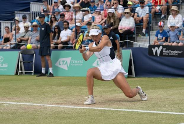 Katie Swan (GBR) during her match with Yanina Wickmayer (BEL) in the final of the W100 Surbiton Trophy on the Final day of the Surbiton Trophy, at Surbiton Lawn Tennis Club, Surbiton, England on the 11th June 2023. Copyright: xAlanxStanfordx PMI-5588-0055