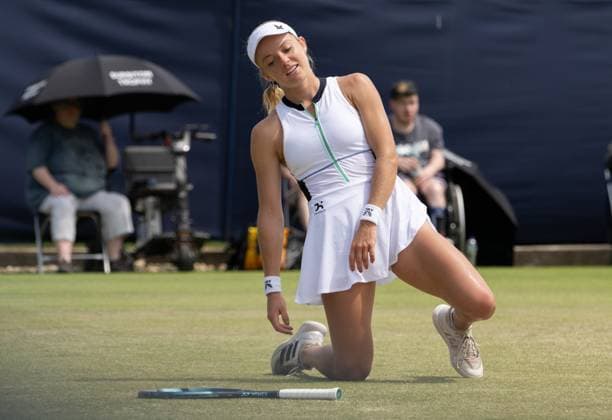 Katie Swan (GBR) after loosing a game during her match with Yanina Wickmayer (BEL) in the final of the W100 Surbiton Trophy on the Final day of the Surbiton Trophy, at Surbiton Lawn Tennis Club, Surbiton, England on the 11th June 2023. Copyright: xAlanxStanfordx PMI-5588-0073