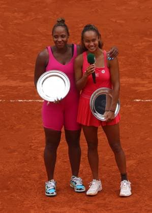 Mandatory Credit: Photo by Ella Ling Shutterstock (13949291c) Taylor Townsend of USA and Leyla Fernandez of Canada stand together with the runners up trophy French Open Tennis, Day 15, Roland Garros, Paris, France - 11 June 2023 French Open Tennis, Day 15, Roland Garros, Paris, France - 11 June 2023  Copyright: xEllaxLing Shutterstockx 13949291c